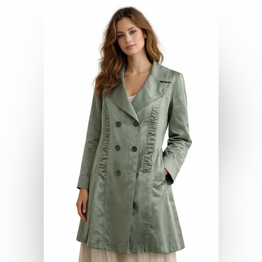 DKNY Jeans Sage Green Satin Trench Coat Women's Large Y2K Ruched Double Breasted